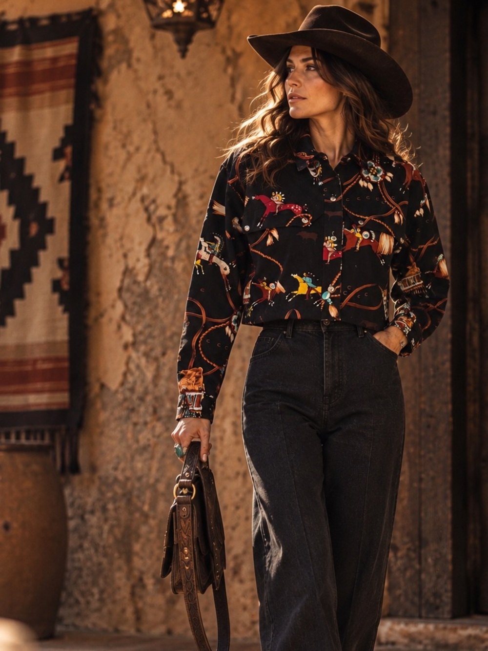 Banjo Dallas Black Horse Print Cropped Vintage Jacket M Western Rodeo Cowgirl